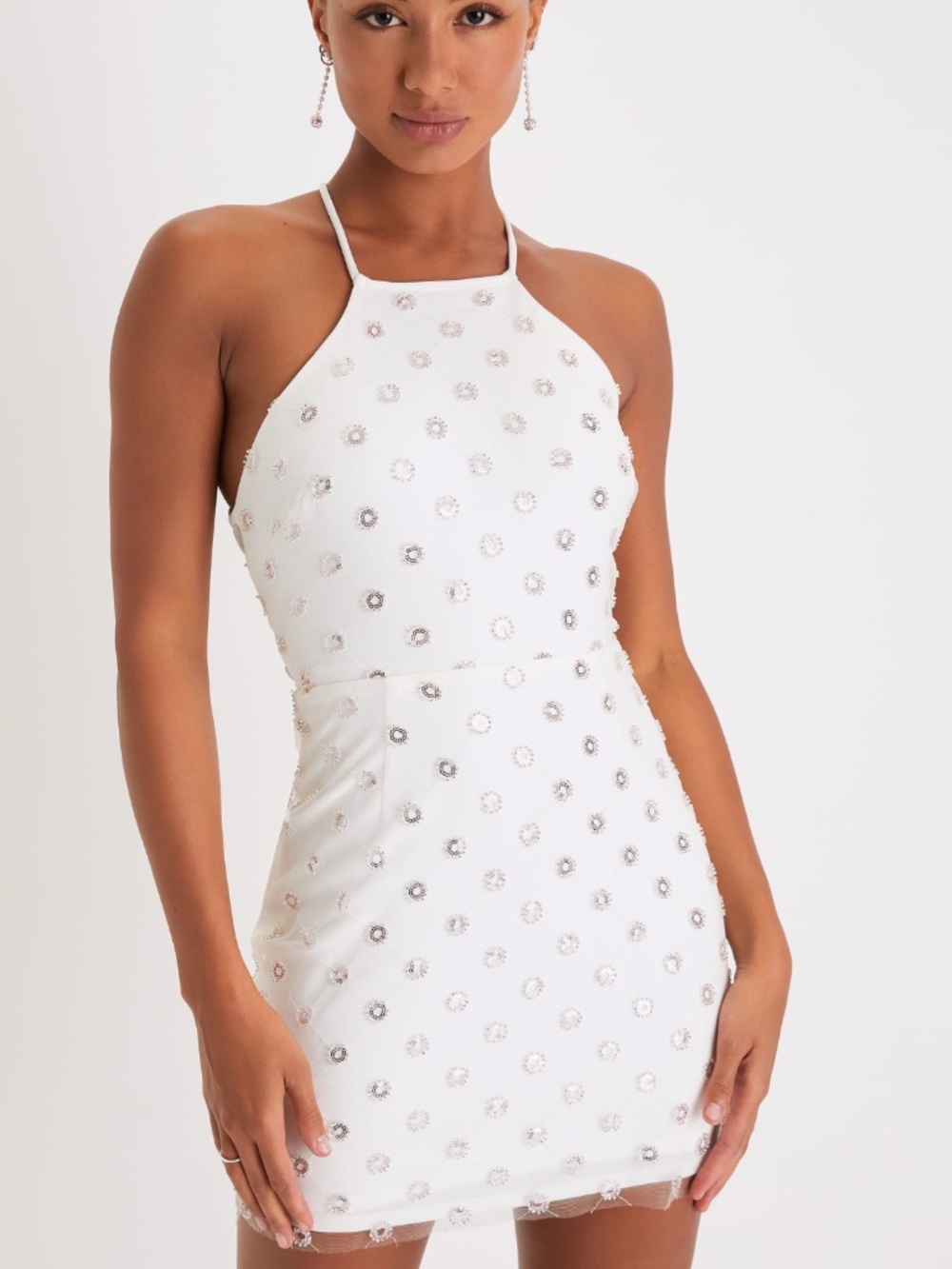 White Sequin Halter Dress